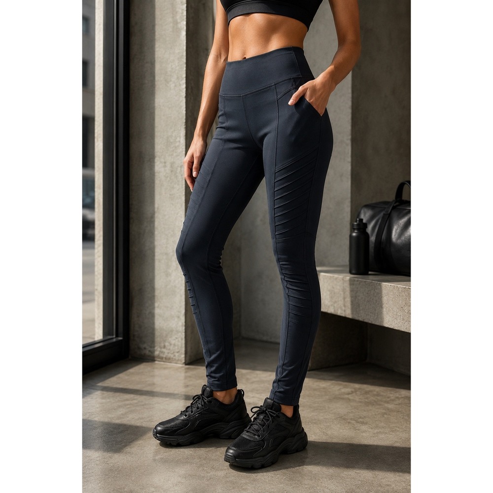 Athleta Delancey Motto Tight Leggings Grey Black Moto Ribbed Zip Ankle Large‎